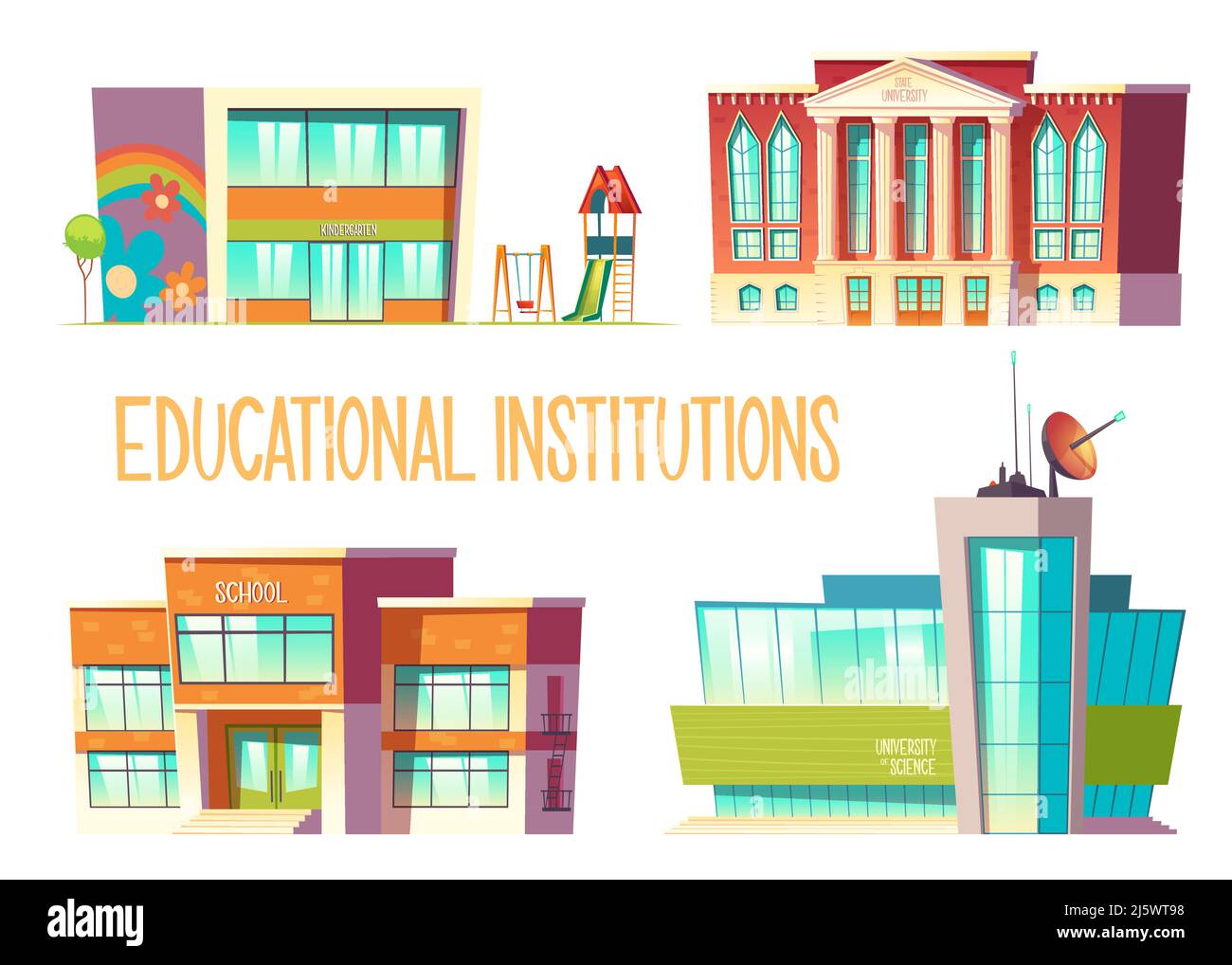 Bildungsinstitutionen Set, Kindergarten, Schule, Staat und Wissenschaft Universitätsgebäude Vorderansicht isoliert auf weißem Hintergrund, moderne Stadt establ Stock Vektor
