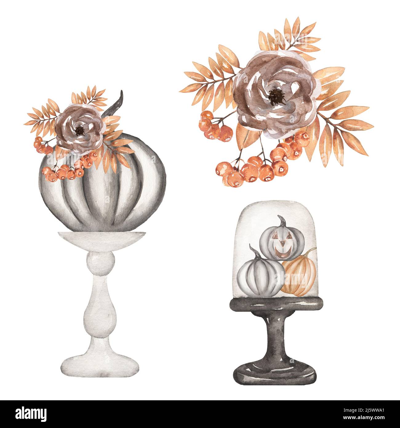 Aquarell handgezeichnete Halloween schwarzen Kürbis und Blumen Cliparts Set, beige Blätter Zweig und Beeren Blumensträuße Illustration, Herbst Zeit Cliparts Stockfoto