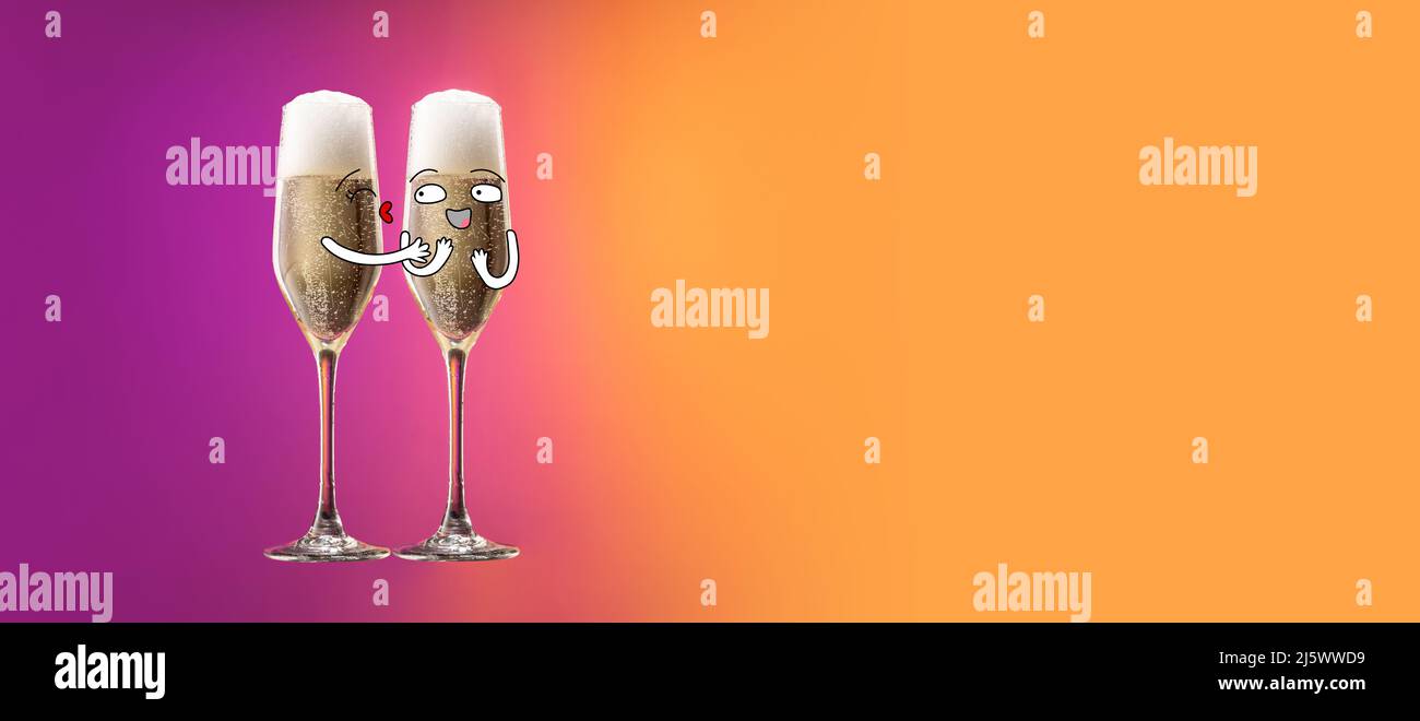 Brautjungfern. Cartoon-Stil. Gläser mit kaltem Champagner mit Blasen isoliert über Farbverlauf lila und orange Hintergrund in Neon. Kunstcollage Stockfoto