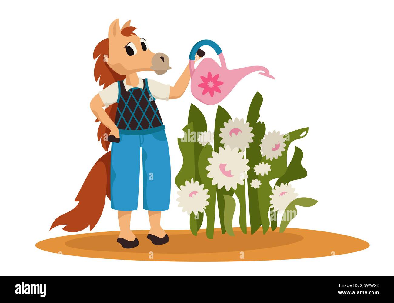 Blumen vom Pferd gießen. Anthropomorphe Tiere im Cartoon-Stil. Stock Vektor