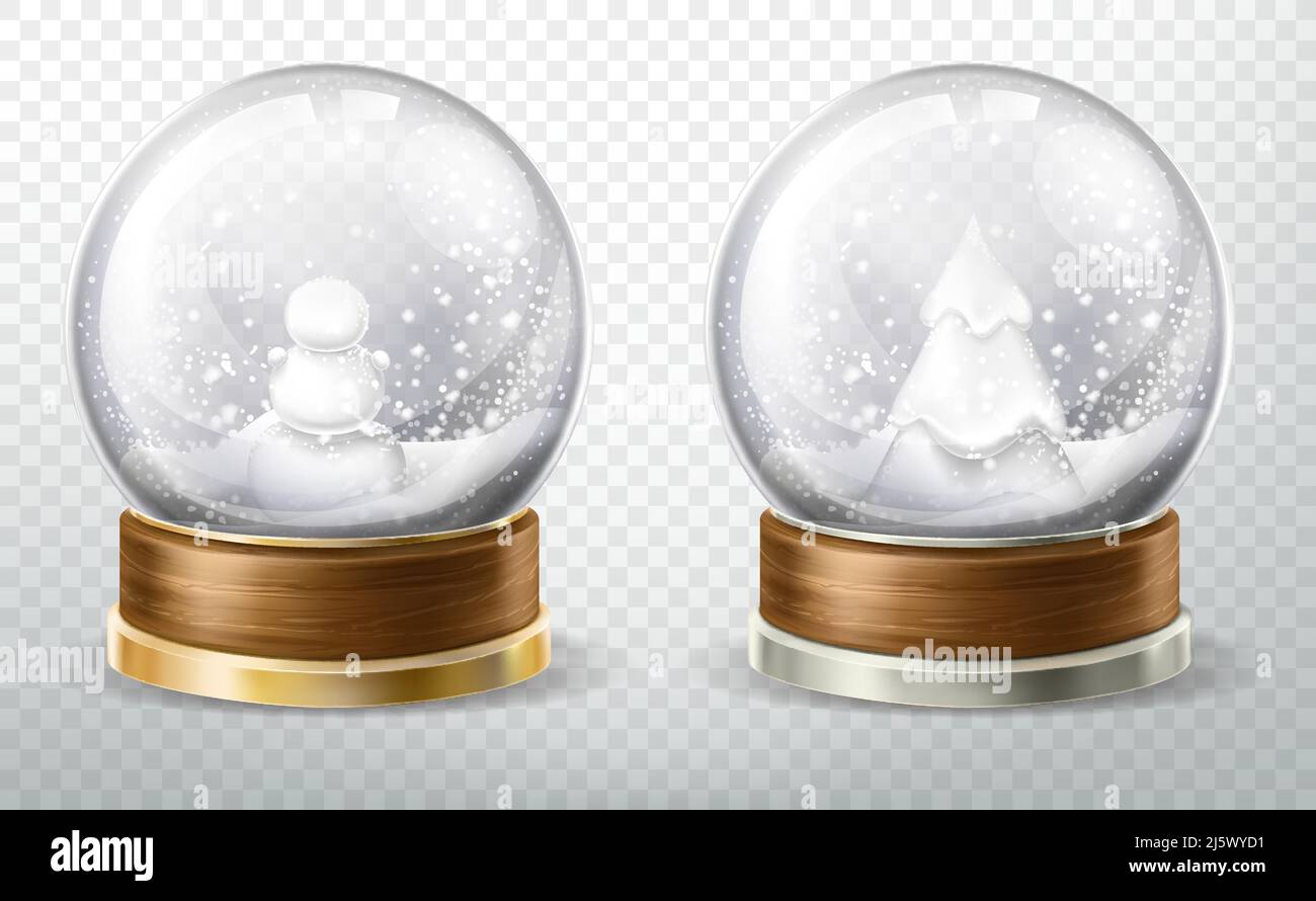 Realistische Kristallkugel mit fallenem Schnee, Schneemann und weihnachtsbaum innen isoliert auf transparentem Hintergrund, Glaskugel Design-Element, Weihnachten gi gesetzt Stock Vektor