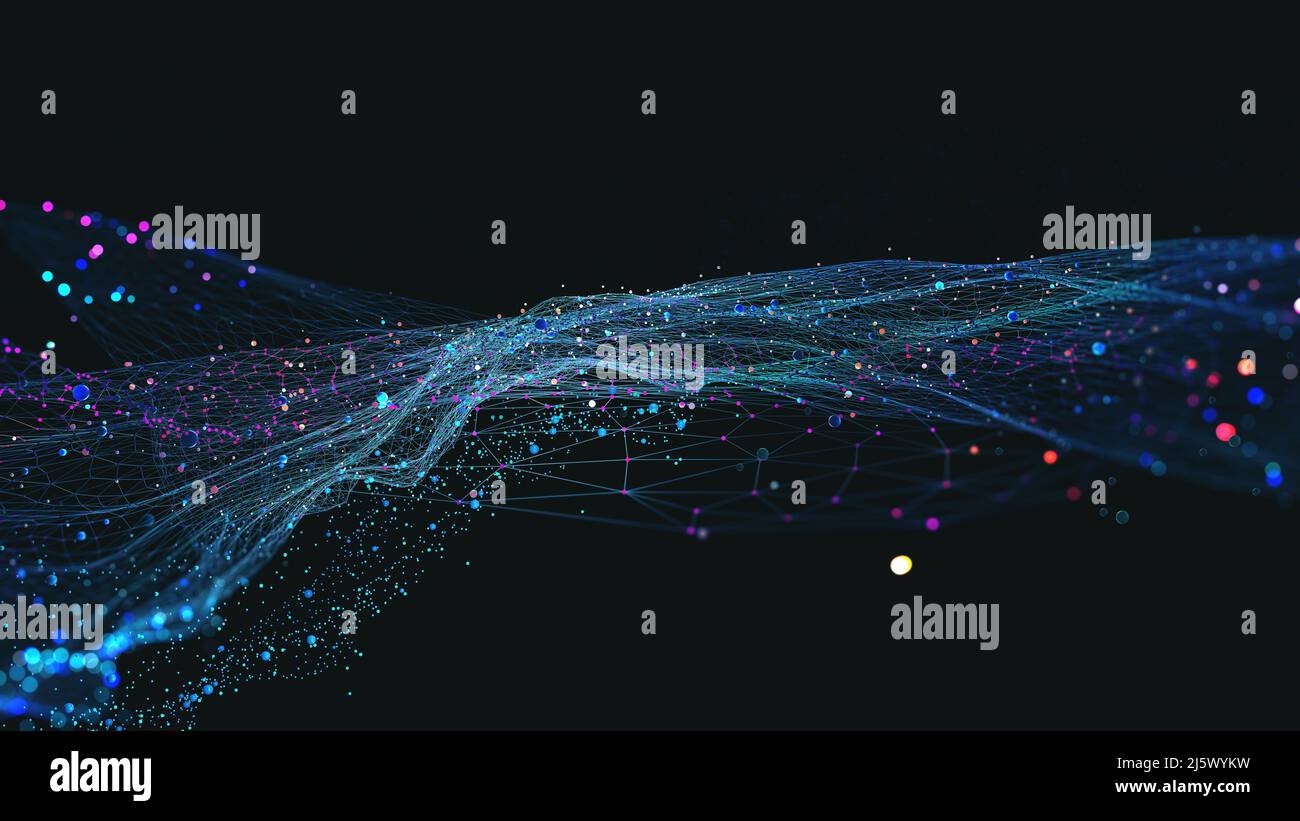 Big Data und Cybersicherheit 3D – Illustration. Neuronale Netze und künstliche Intelligenz. Informationswellen und globale Datenbank Stockfoto