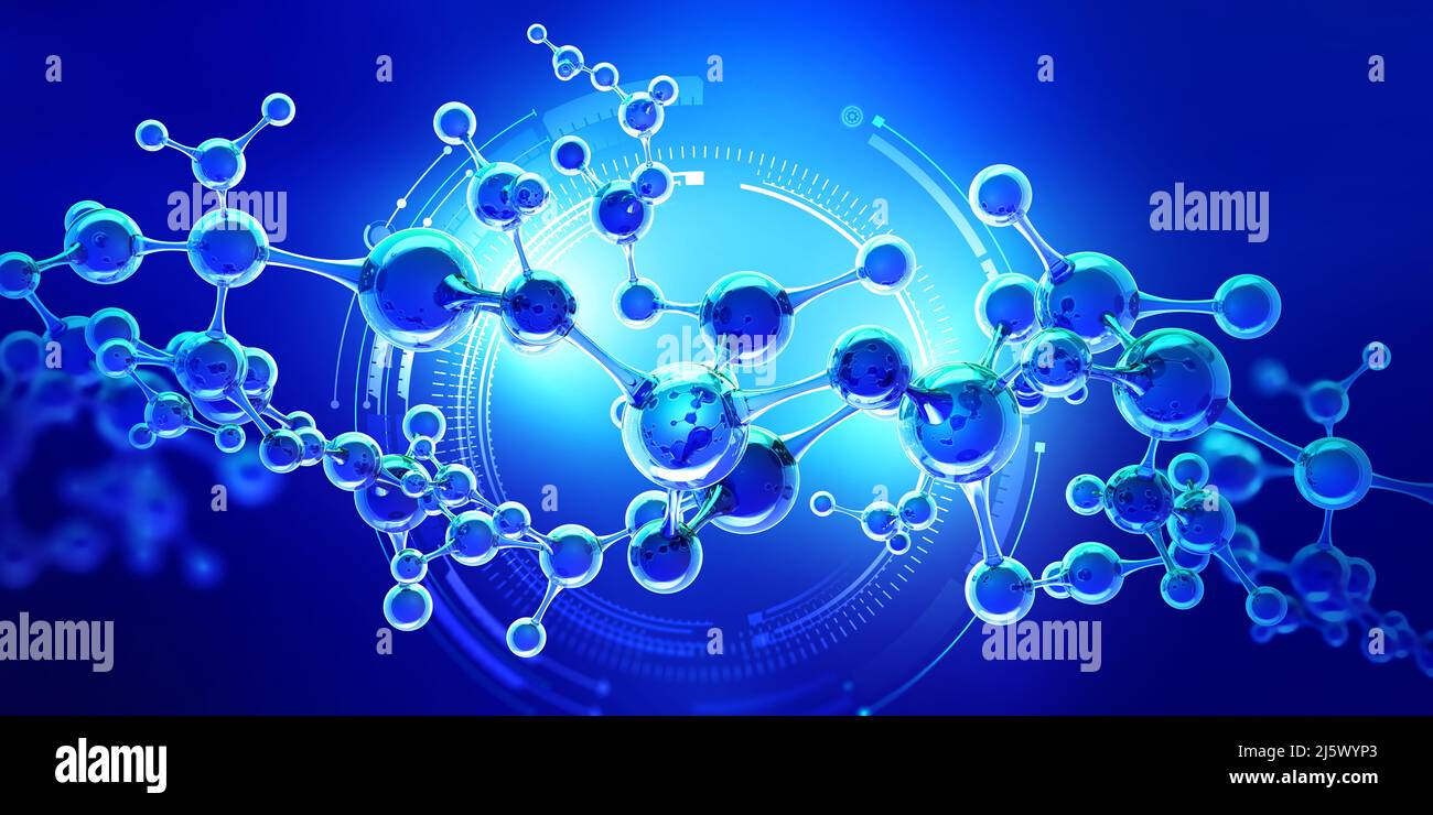 Abstraktes Modell eines Moleküls. Digitale Technologien in der Gentechnik. Kristallgitterstruktur. Forschung in der molekularen Synthese Stockfoto