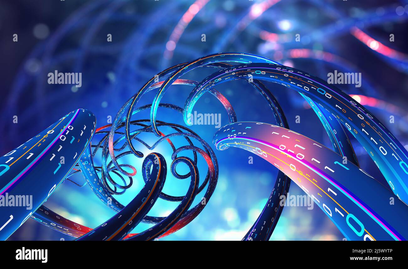 Codierung der synthetischen DNA-Helix. Nanotechnologie und medizinische Forschung. Stream von Binärcode im Cyberspace. High-Tech-Digital-Netzwerk 3D Abbildung Stockfoto