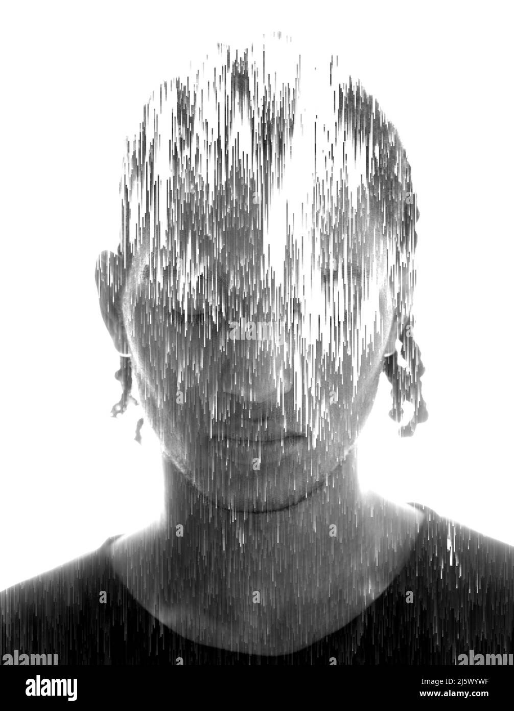 Digitaler Pixelsort-Effekt kombiniert mit einem Porträt eines jungen Mannes Stockfoto