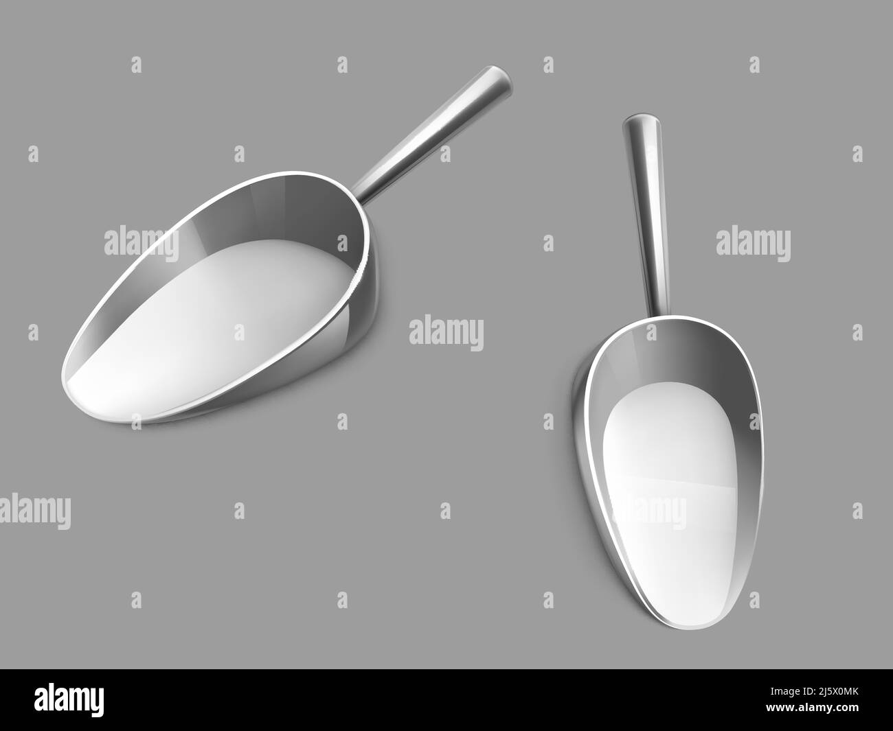 Schaufel aus Metall oder Edelstahl mit seitlicher Griffseite aus glänzendem Chrom, Draufsicht 3D realistischer Vektor isoliert auf grauem Hintergrund. Küchenausstattung, Lebensmittelgeschäft s Stock Vektor