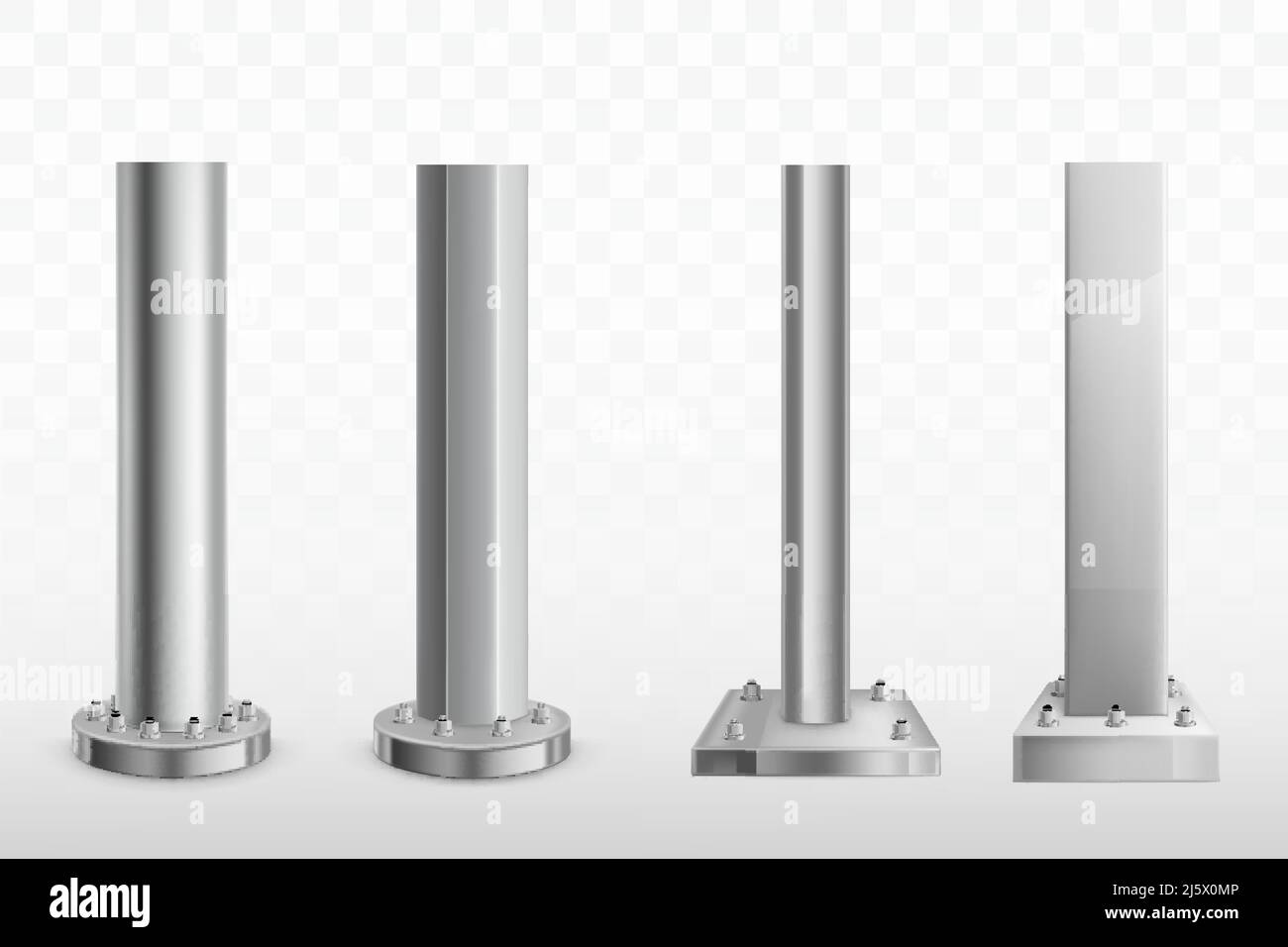 Verschiedene Form und Form metallischen Säulen oder Säulen verschraubt mit Schrauben und Schraubenmutter zu massiven runden und quadratischen Basis 3D realistische Vektor-Set. Archit Stock Vektor