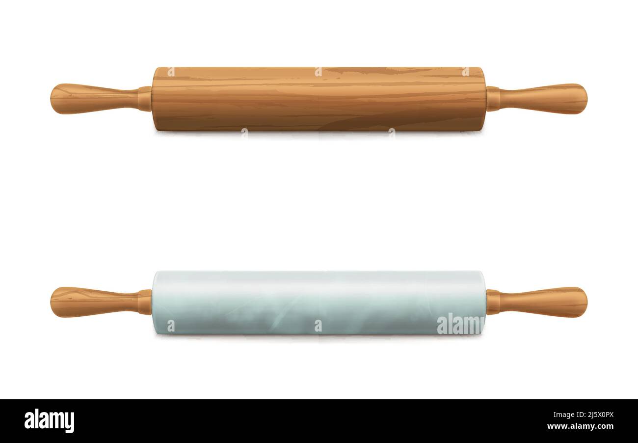 Klassische Holz-, Marmor-Stein-, Porzellan oder Kunststoff-Nudelholz mit Griffen 3D realistische Vektor isoliert auf weißem Hintergrund. Utensil für die Zubereitung von Speisen Stock Vektor