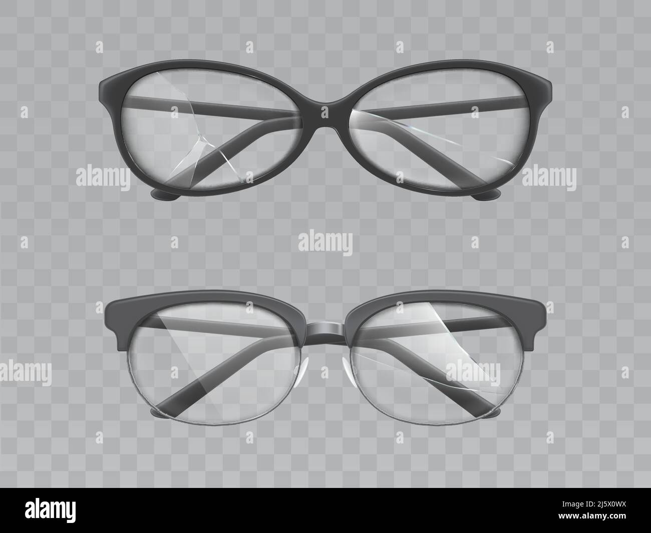 Alte Unisex-Brillen mit schwarzem, Kunststoff- oder Metallic-Rahmen, vollgerissenem, halbgerissenem Rahmen und gebrochenen, rissigen Gläsern aus Glas Vorderansicht 3D realistischer Vektor i Stock Vektor