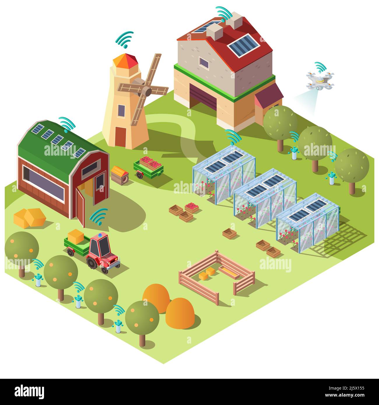 Smart Farming mit modernen, innovativen, digitalen Technologien isometrisches Vektorkonzept. Farm, Ranch Nebengebäude, Traktor, Drohne fliegen unter Garten, gl Stock Vektor