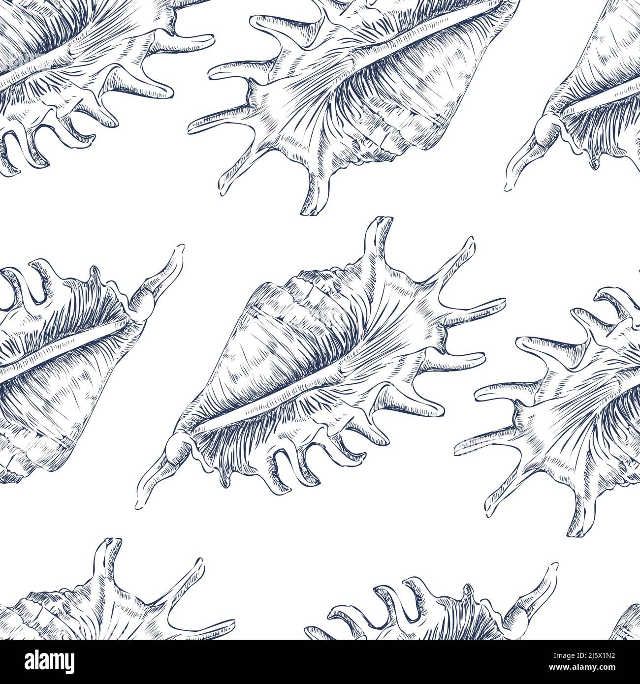 Nahtloses Muster aus marineblauen Muscheln. Meereshintergrund. Handgezeichnete Vektorgrafik. Für Einladungen, Karten, Poster, Print, Banner, Werbung, t Stock Vektor