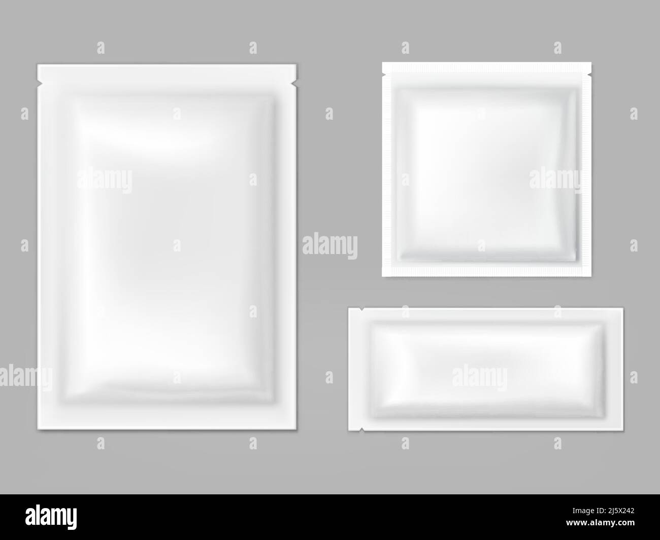 Leere weiße Beutel für feuchte Tücher, Saucen oder Gewürze, leicht reißfest, rechteckige Kunststoff-, Folien- oder Polyethylenpakete isoliert 3D realistische Vektor-ill Stock Vektor