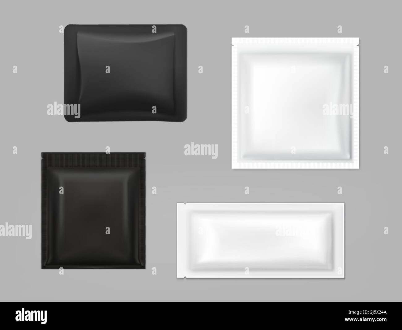 Blanke weiße, schwarze Plastik-, Folien- oder Polyethylen-Beutel für Feuchttücher, Soße oder Gewürze, Shampoo-Proben isoliert, 3D realistische Vektorgrafiken Stock Vektor