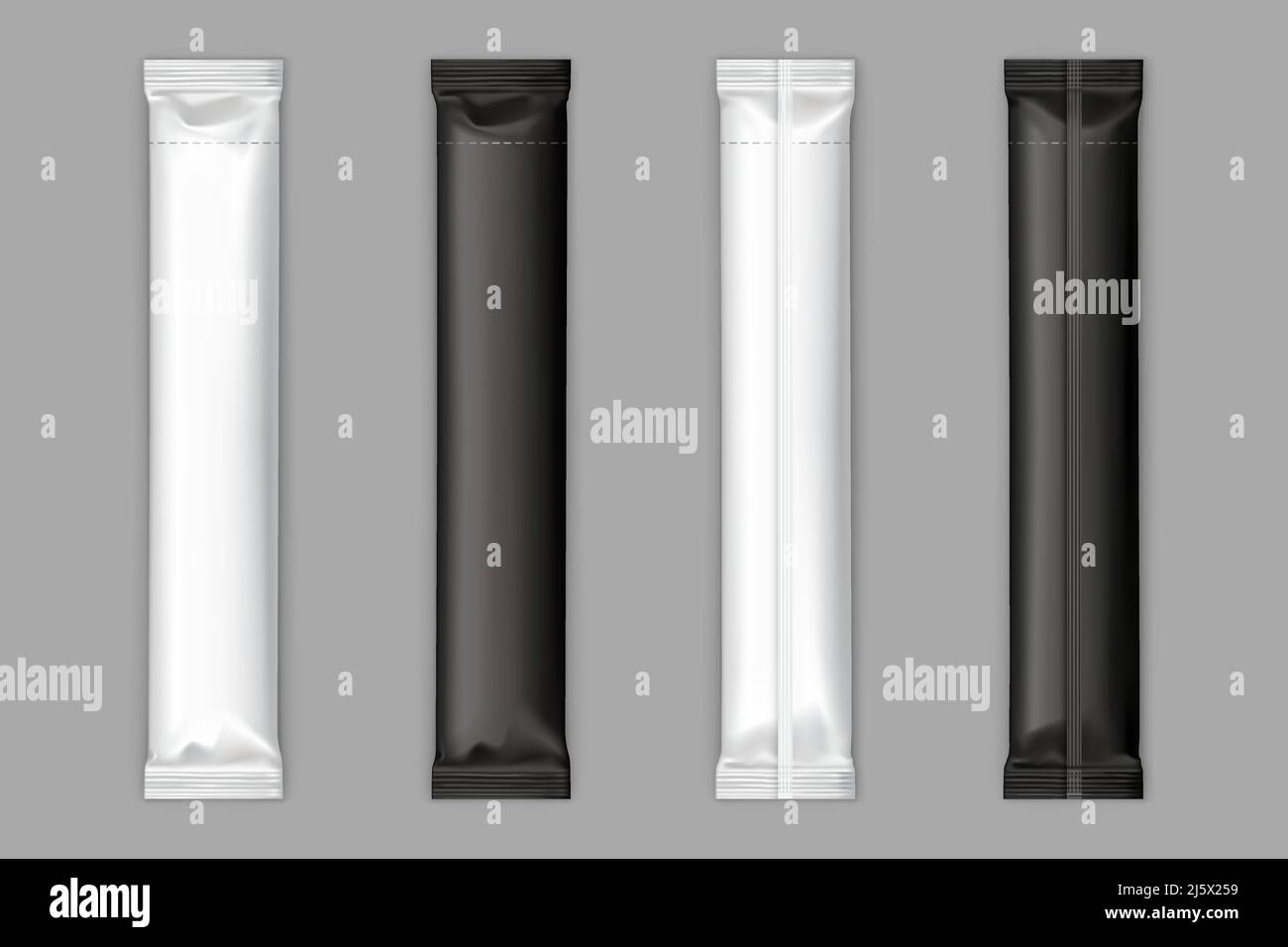 Leere schwarz-weiße Kunststoff-, Folien- oder Polyethylen-Beutel-Sticks mit zerrissenen Schnur für Zucker, Instant-Kaffee- oder Schokoladenriegel-Verpackung zurück, Front vie Stock Vektor