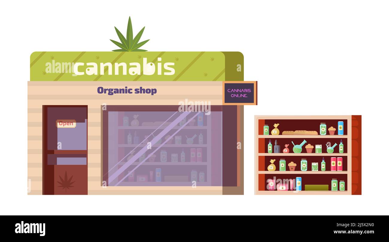 Cannabis-Shop, Marihuana-Bio-Shop mit Ausrüstung und Zubehör für das Rauchen im Regal stehen, medizinische Produkte und Lebensmittel lagern, Online-Bestellung en Stock Vektor