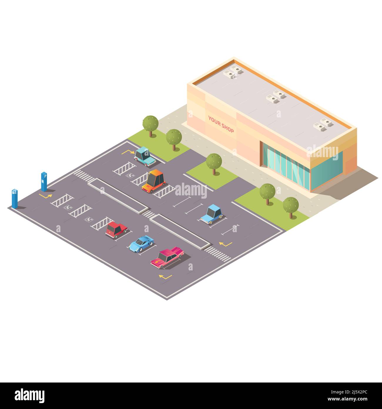 Mall, Supermarkt PKW-Parkplatz mit Fahrzeugen, auf der Straße, auf Parkplätzen für behinderte Menschen in der Nähe von Ladengebäude isoliert geparkt, isometrischer Vektor. Cit Stock Vektor