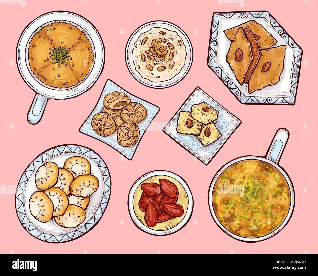 Arabische Süßigkeiten, Draufsicht. Arabisches ramadan Essen Kunafa, Maamul, Reispudding. Orientalische Küche Gebäck auf Porzellantellern mit traditionellen ethnischen Ornamenten Stock Vektor
