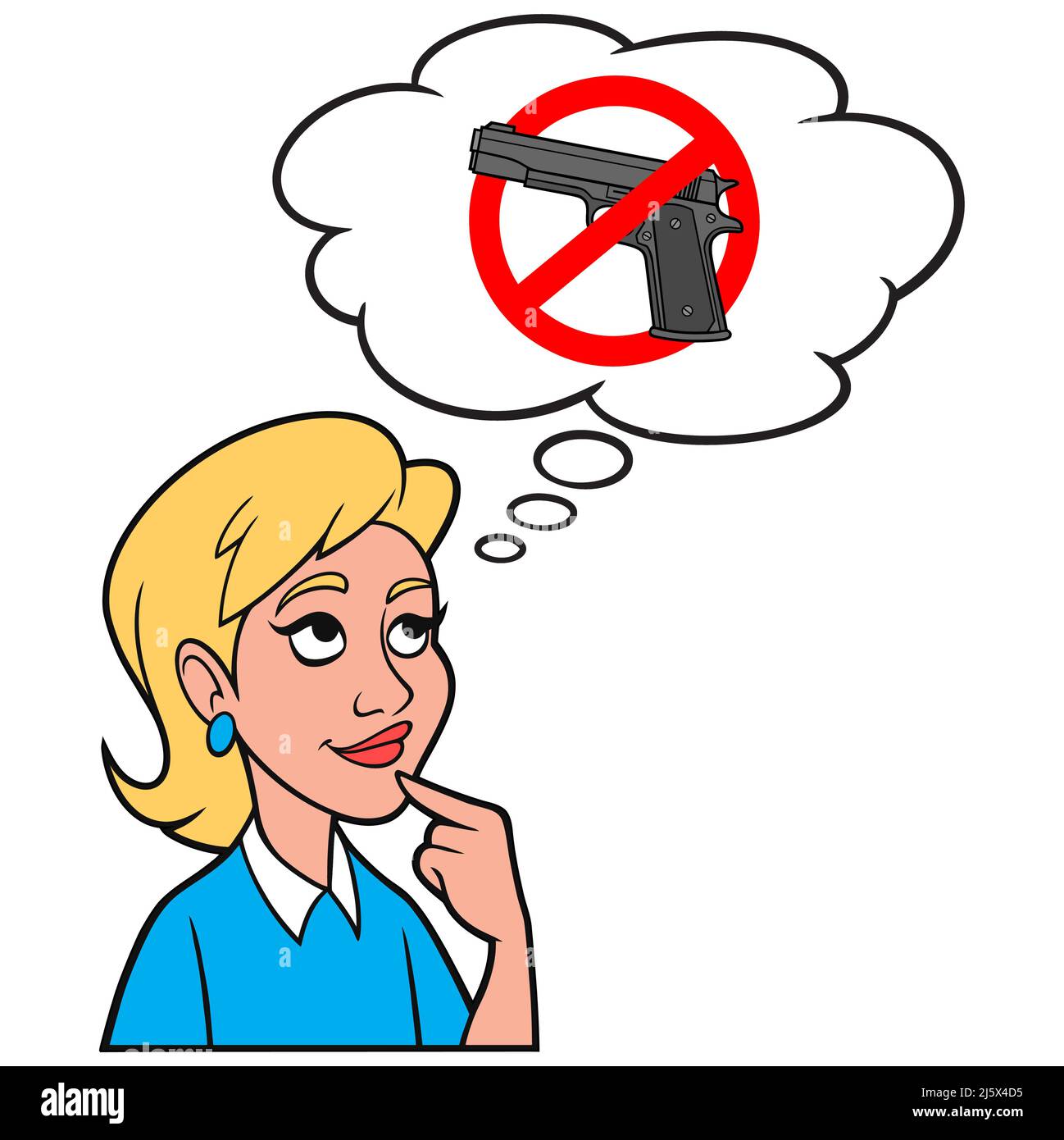 Girl Thinking about Gun Control - Eine Cartoon-Illustration eines Mädchens, das an Gun Control denkt. Stock Vektor