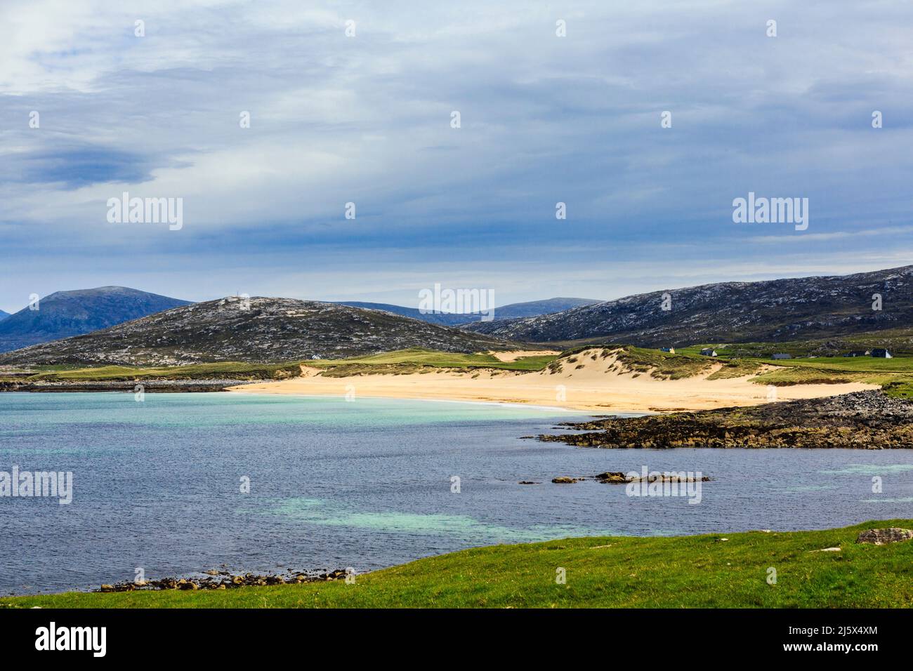 Blick auf Borve / Na Buirgh Sandstrand und Sanddünen von Scarista, Isle of Harris, Äußere Hebriden, Western Isles, Schottland, Großbritannien, Großbritannien Stockfoto