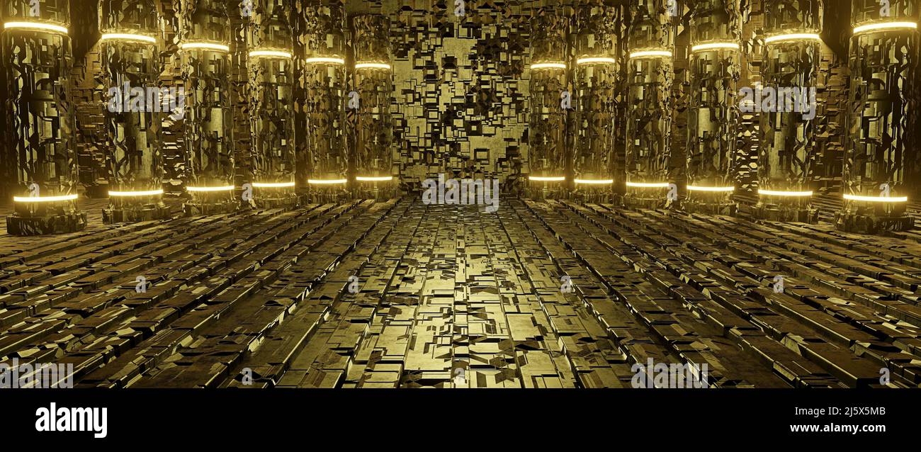 Cyber Neon glühendes Glas Mattierte Panels Gold Gelb Leuchtende fluoreszierende Laserlichter Dunkel leuchtend Korridor Flur Zimmer Glänzender Beton Grunge Bühne P Stockfoto