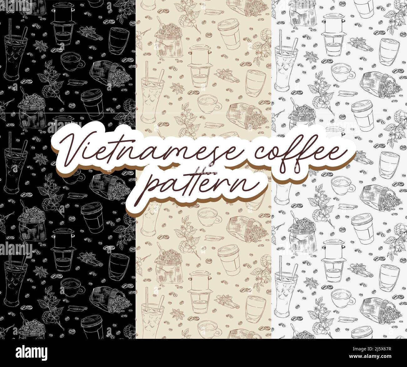 Vektor nahtlose Szene mit Papier-Kaffeetasse, Cafe nahtlose Muster oder Hintergrund, Kaffeebaum Zweig, Caphe phins. Café-Hintergrund für Wallpape Stock Vektor