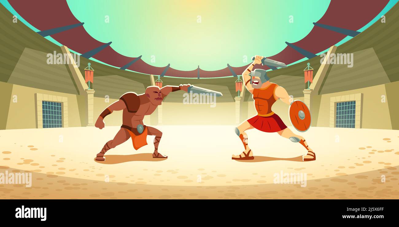 Gladiator kämpft mit Barbar auf coliseum Arena, alte römische gepanzerte spartanische Krieger und dunkelhäutigen Moor Kampf auf Schwertern, griechische Soldat mit s Stock Vektor