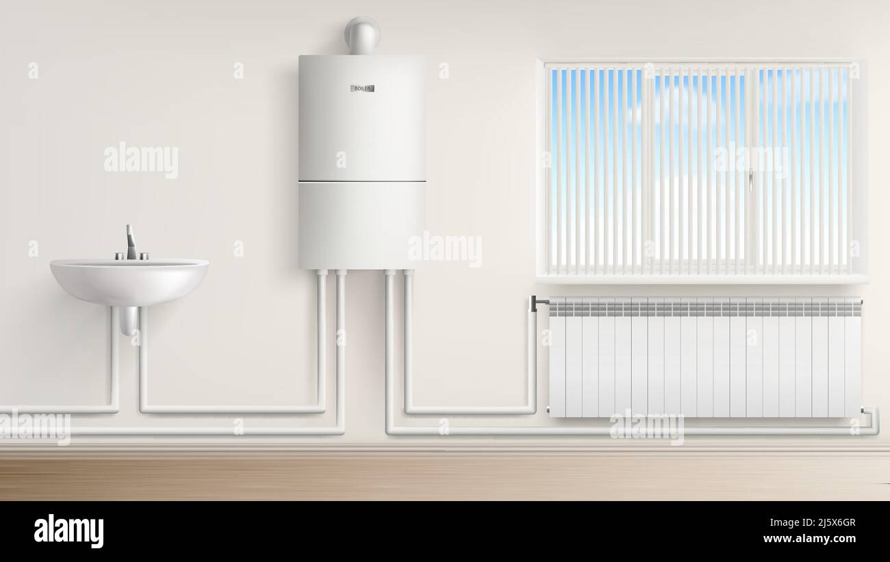 Badezimmer mit Boiler mit Heizkörper und Waschbecken, Badezimmer mit Jalousie-Fenster. Haushaltsgeräte, Zentralheizung sys Stock Vektor