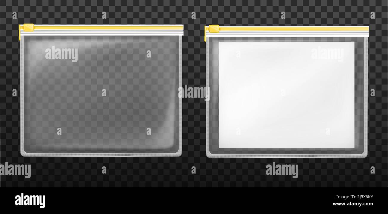 Set aus Reißverschlusstaschen aus Kunststoff, leere versiegelte Tasche mit gelber Ziplock und weißem, unbeschriftetem Blatt auf transparentem Hintergrund. Wasserdichter Umschlag im Mock Stock Vektor