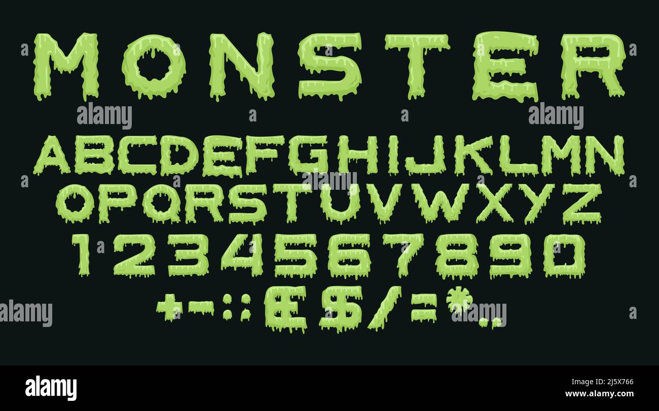 Monster-Typ. Vektor gruseliges Alphabet mit Tropfen fließenden Schleim. Unheimlich Buchstaben und Zahlen isoliert auf schwarzem Hintergrund für halloween, Thema Party po Stock Vektor