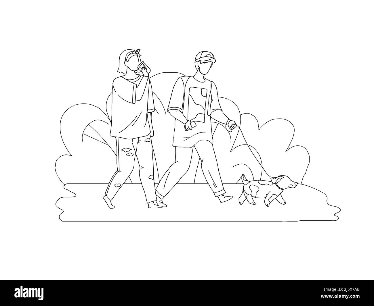 Familienpaar Wanderhund in Park Linie Vektor Stock Vektor