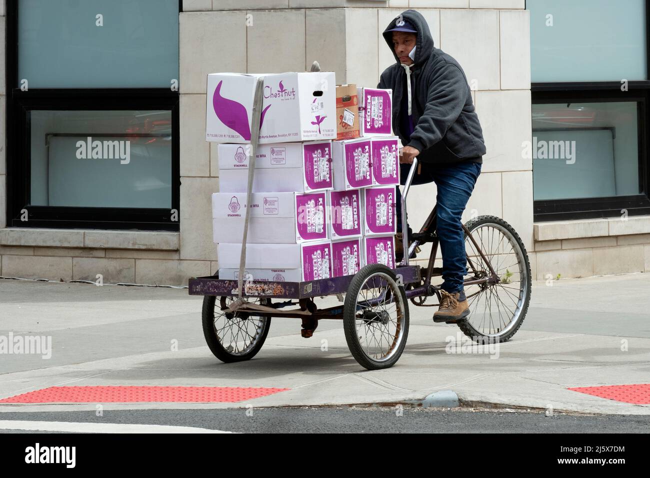 Ein nicht-jüdischer Mann liefert Passahgerichte - insbesondere koscheren Traubensaft. An der Bedford Avenue in Williamsburg, Brooklkyn, New York City Stockfoto