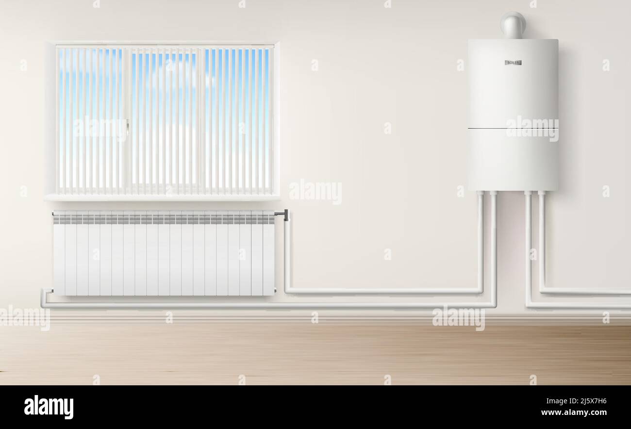 Boiler-Warmwasserbereiter an der Wand, der mit dem Heizkörper im Zimmer mit Kunststoffrohren und Jalousie-Fenster verbunden ist. Haushaltsgeräte für Komfort Moderne Zentralheizung Stock Vektor