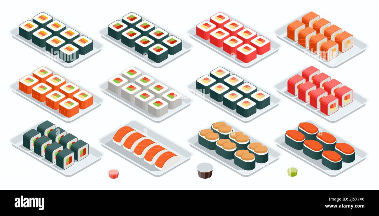 Isometrische Sushi-Rollen mit Lachs, Avocado, Frischkäse. Seafood Set isolierte Rolls auf weißem Hintergrund. Sushi-Menü. Japanisches Essen. Stock Vektor