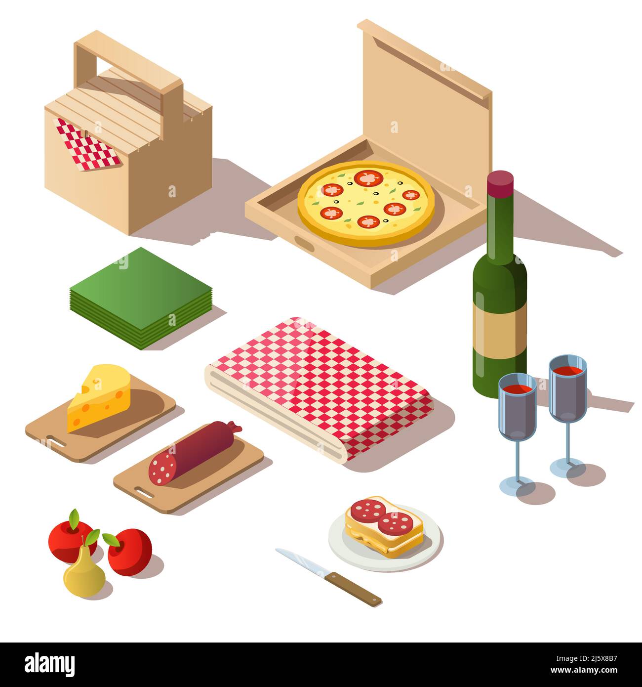 Isometrisches Picknick-Set mit Speisen, Pizzabox, Wein und Korb. Vector 3D Symbole von frischem Essen, Obst, Flasche mit Gläsern und Tischdecke für das Abendessen oder lu Stock Vektor