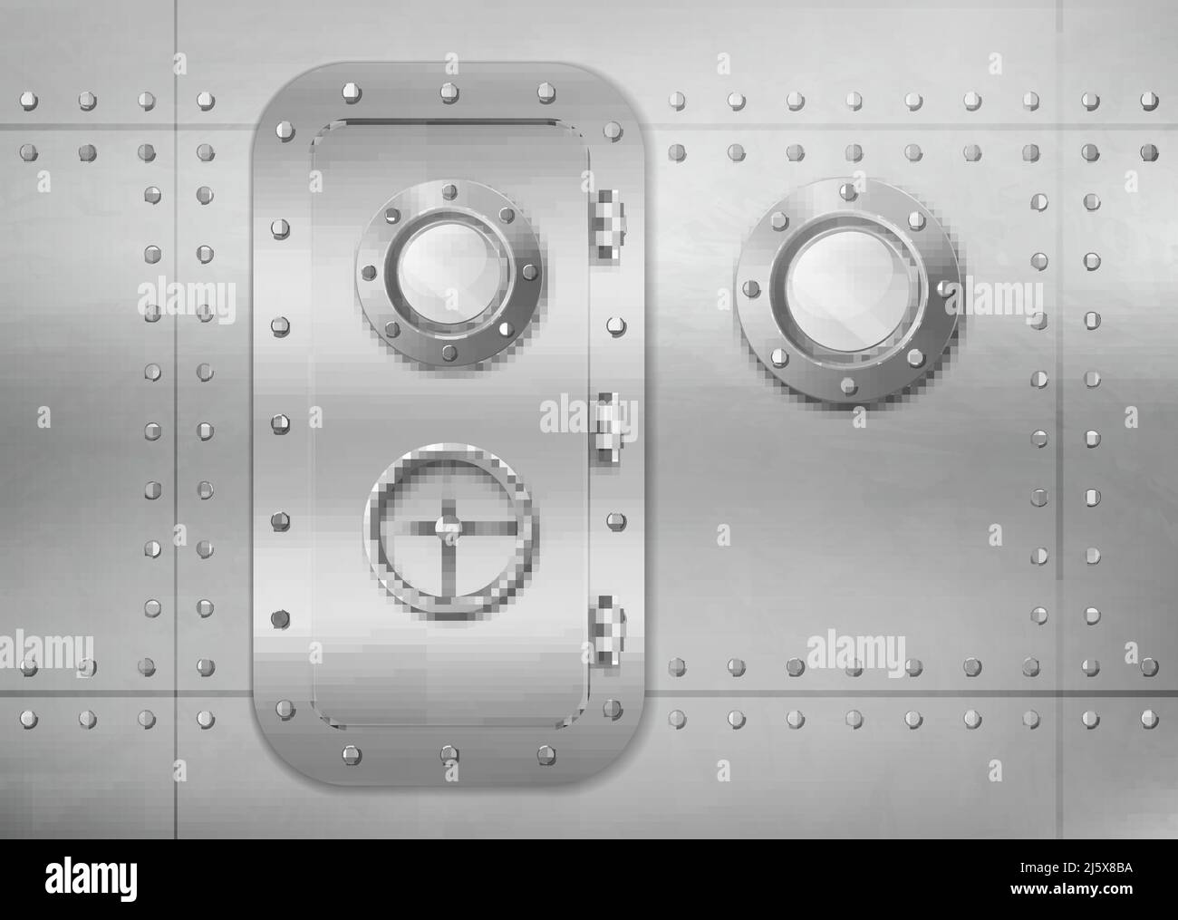 Metalltür und Bullauge an der Wand in U-Boot, Schiff oder Raumschiff. Vector realistische Innenraum von Bunker oder Labor mit Fenster und geschlossenen rostfreien e Stock Vektor