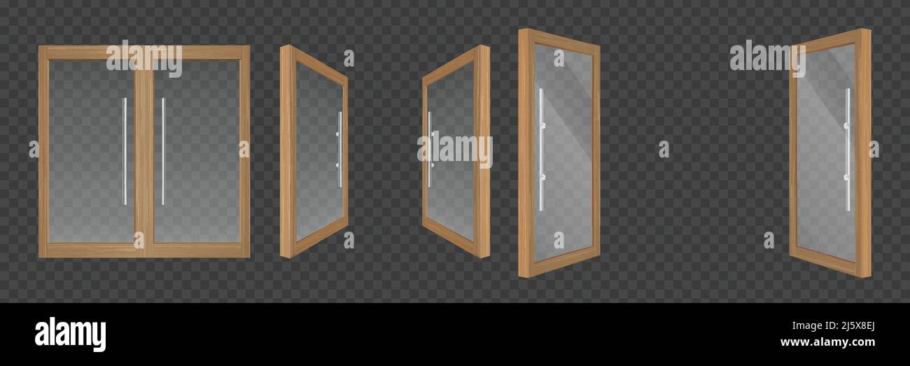 Durchsichtige Glastüren, Fenster mit Holzrahmen isoliert auf transparentem Hintergrund. Vector realistische Satz von offenen und geschlossenen Doppeltüren mit Metallgriff Stock Vektor