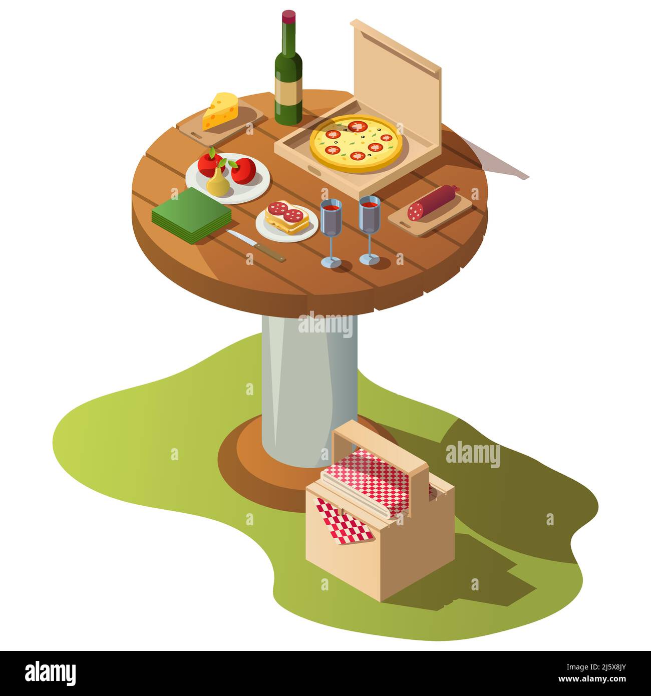 Isometrischer runder Holztisch für Picknick mit Essen, Pizzabox und Korb auf Gras. Vektor-Illustration von frischem Essen, Obst, Weinflasche mit Gläsern Stock Vektor