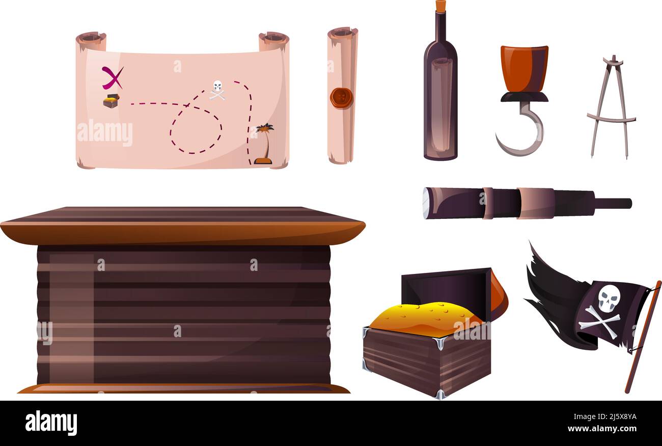 Vektor-Set Icons von Piratenschiff Ausrüstung. Cartoon-Illustration der Flagge mit Totenkopf und Kreuzknochen, Karte, Goldschachtel, Flasche und Piratenhaken. Sym Stock Vektor