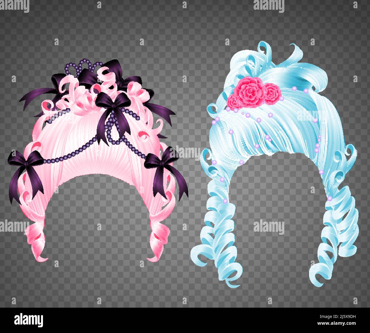 Frauen Perücken Rokoko-Set. Mädchen lockig blau und rosa vintage Prinzessin Frisur mit Blumen, Perlen und Bändern für Hochzeit oder Karneval isoliert auf Transpa Stock Vektor