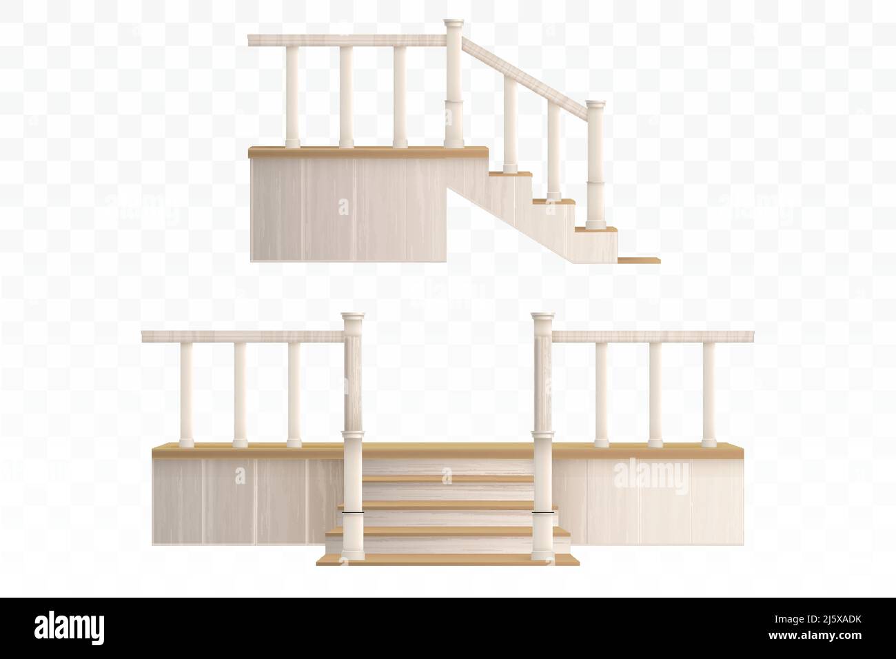 Hölzerne Veranda Treppe mit dekorativen Balustrade und Säulen Vorder-und Seitenansicht. Vector realistische 3D Außentreppen mit Geländern von der Terrasse Stock Vektor