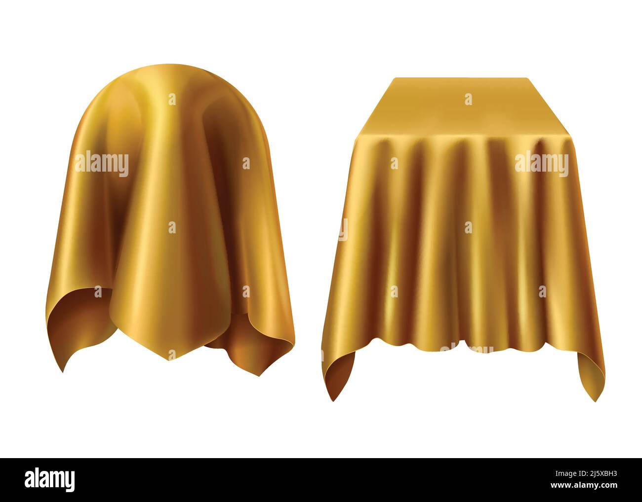 Kugel und Schachtel mit goldenem Tuch bedeckt. Vektor-Vorlage von Kugel und Würfel unter Seide goldenen Schleier oder Vorhang für Präsentation, Überraschung, Geschenk iso versteckt Stock Vektor