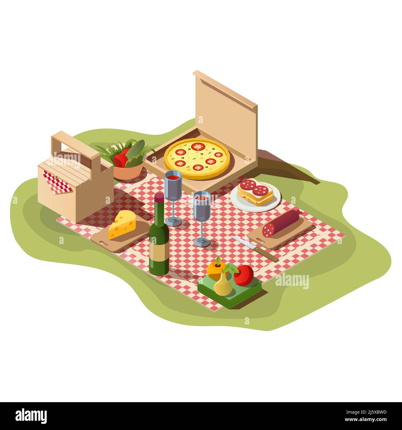 Isometrisches Picknick-Set mit Speisen, Pizzabox, Wein und Korb. Frische Mahlzeit, Obst, Flasche mit Gläsern und Tischdecke zum Abendessen oder Mittagessen im Freien isoliert Stock Vektor