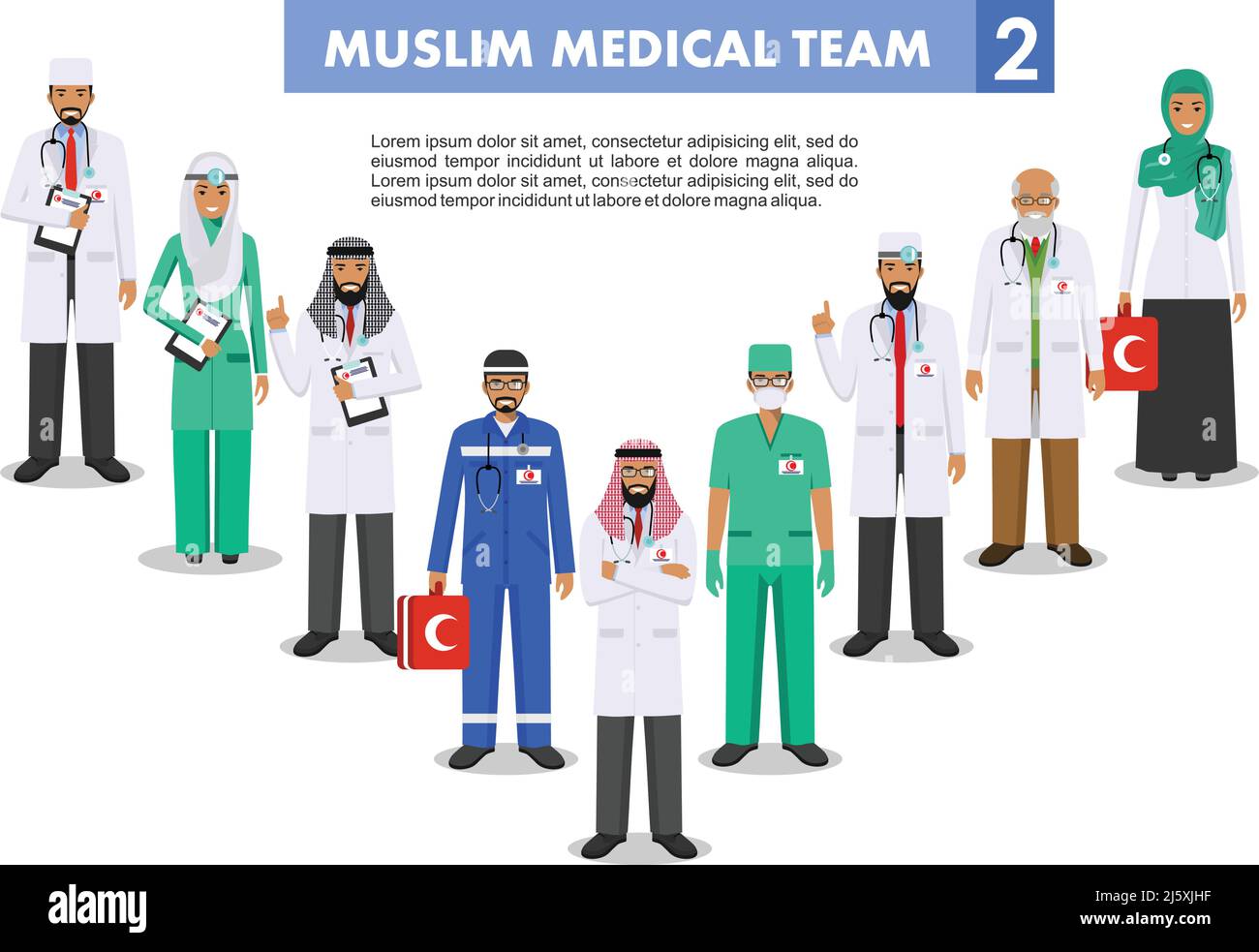 Detaillierte Darstellung muslimischer arabischer Mediziner in flachem Stil auf weißem Hintergrund. Stock Vektor