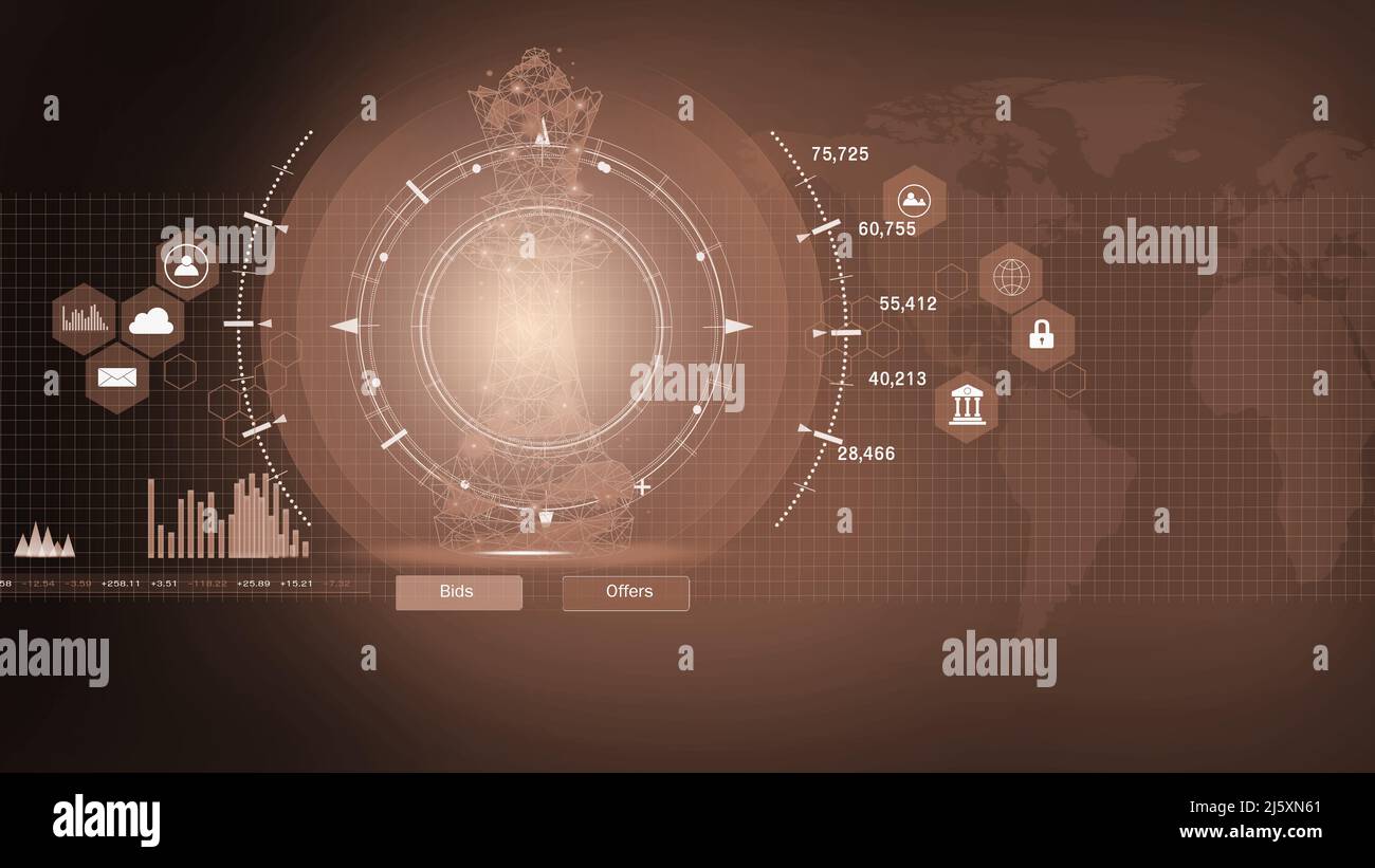 Schachspiel hinter Forex-Chart-Indikatoren oder Börsengraph im abstrakten Hintergrund. Geschäftskonzept zur Präsentation von Finanzinformationen und digitalen Stockfoto