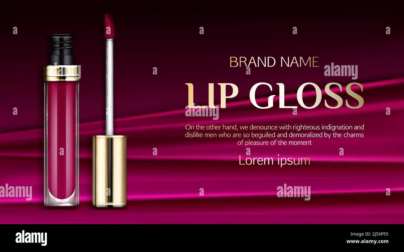 Lipgloss, flüssige Lippenstift Kosmetik Make-up Beauty-Produkt Mockup Banner. Burgundische oder dunkelrosa Tube mit Goldkappe auf seidendrapierten Stoffhintergrund. Stock Vektor