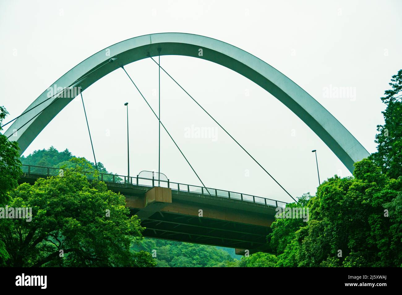 Die Shinyagara-Brücke (新矢柄橋 / Shinyagara-bashi) ist eine „Durchgangsbogenbrücke“, die die enge Schlucht darunter überspannt. Stockfoto