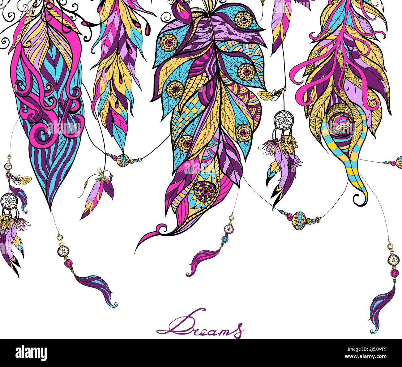 Ethnische Traumfänger Federn mit Skizze abstrakt farbigen Ornament Vektor-Illustration Stock Vektor