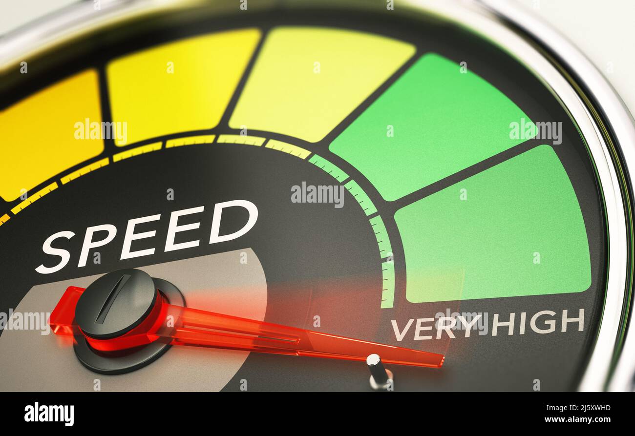 Manometer mit Nadel, die auf sehr hohe Geschwindigkeit zeigt. Beschleunigung des Internet-Verbindungskonzepts. 3D Abbildung. Stockfoto