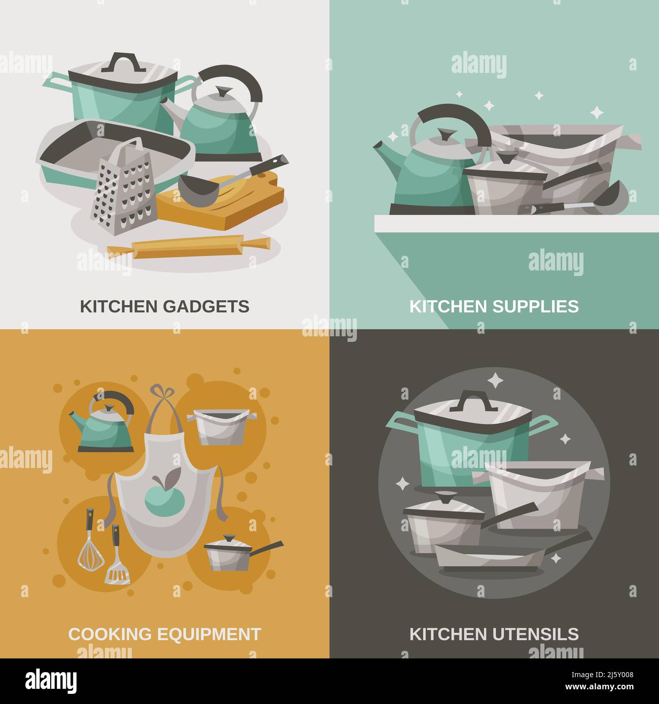 Küchenausstattung Icons Set mit Utensilien Gadgets und Lieferungen flach Isolierte Vektordarstellung Stock Vektor