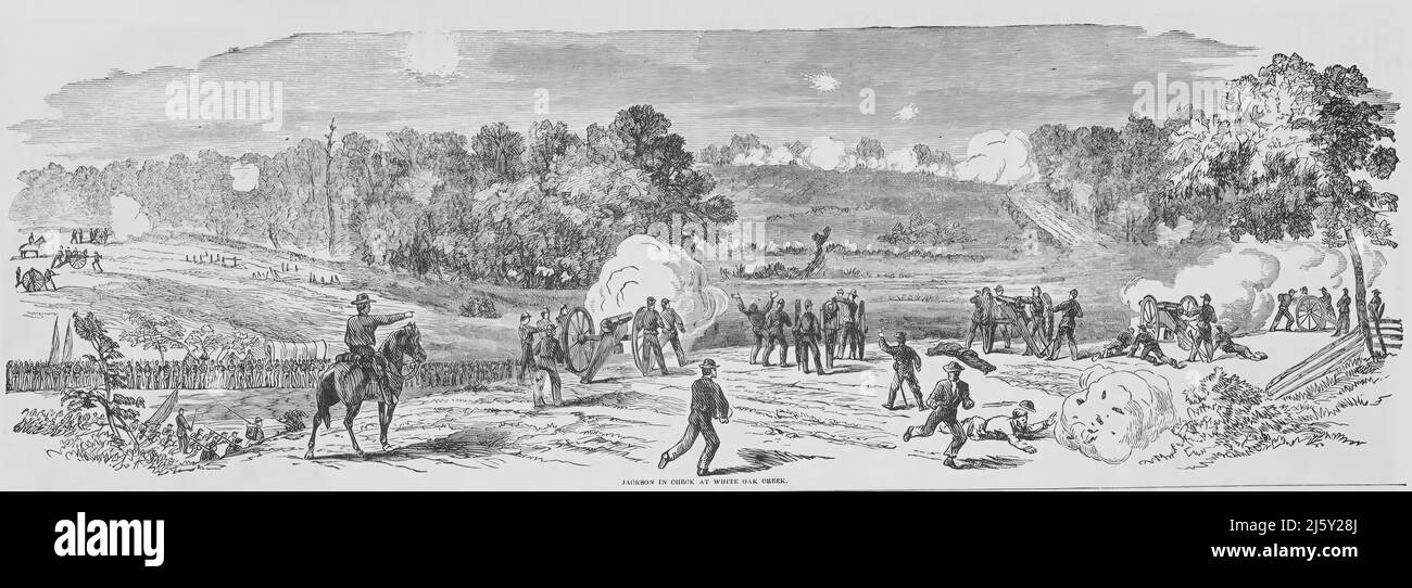 Thomas J. „Stonewall“ Jackson bei der Schlacht von Glendale im amerikanischen Bürgerkrieg im White Oak Creek. 19.-Jahrhundert-Illustration Stockfoto